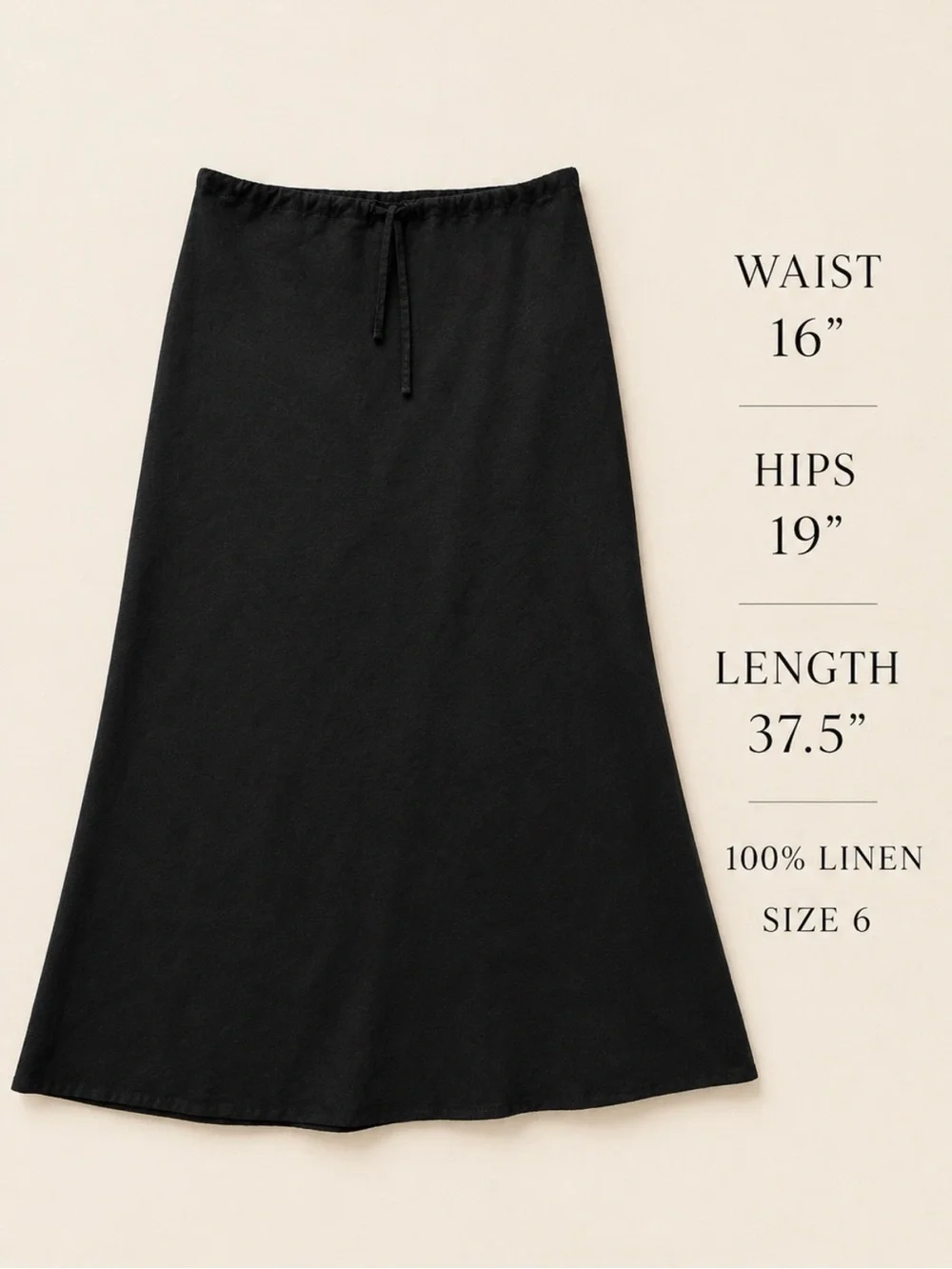 Black 100% Black Linen Drawstring Waist A-Line Maxi Skirt 6 Warehouse - Picture 5 of 6